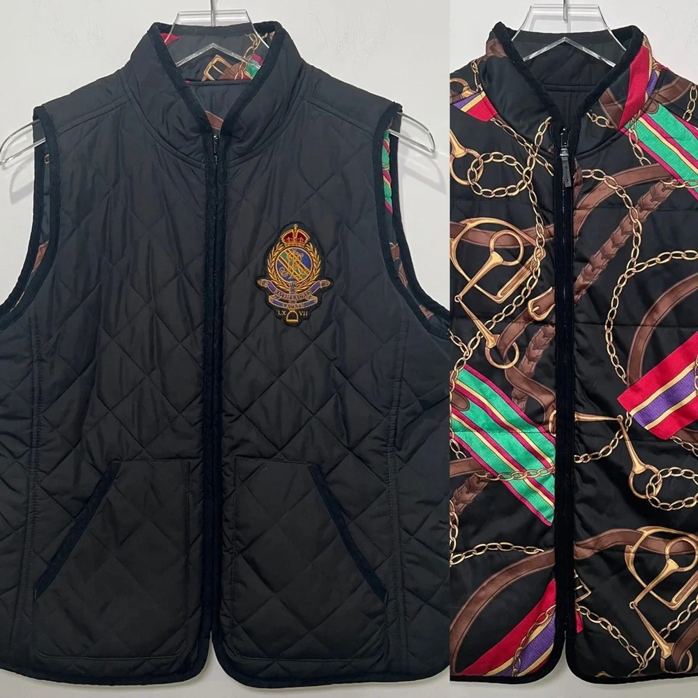 Ralph Lauren Crest-Patch Diamond-Quilted Vest Black Reversible Equestrian Sz L - Picture 1 of 10